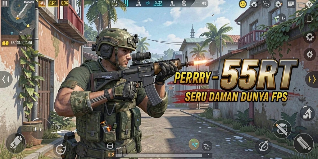 Screenshot gameplay 55RT menampilkan aksi tembak-menembak yang intens.