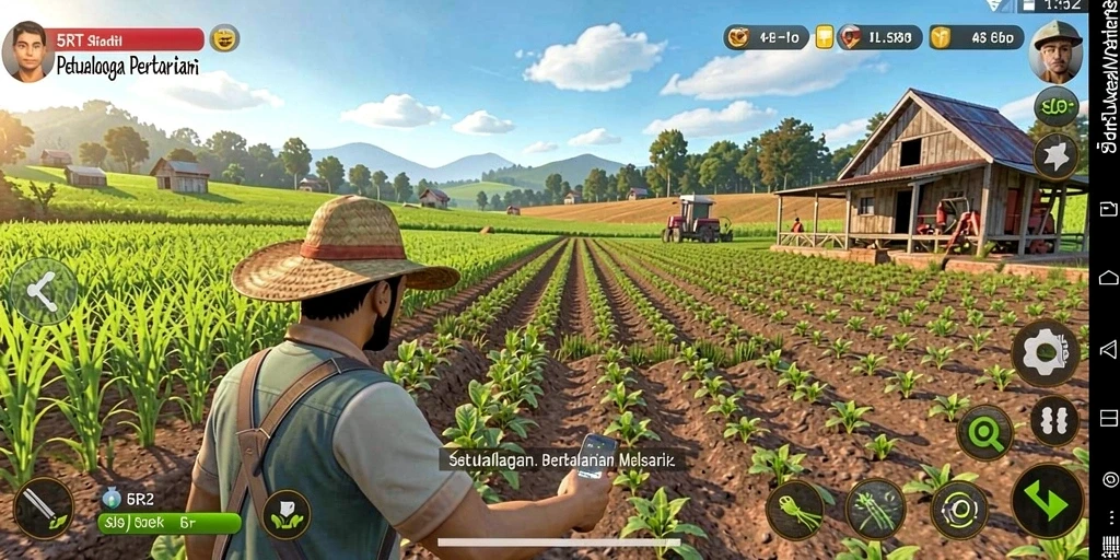 Screenshot gameplay 5RT menampilkan pertanian yang indah dan petani yang aktif.