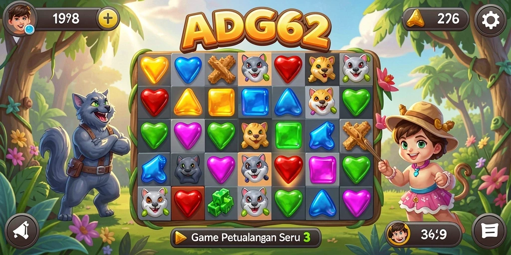 Screenshot menampilkan gameplay seru di ADG62 dengan berbagai objek untuk dicocokkan.