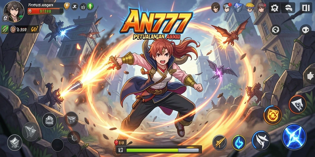 Tangkapan layar gameplay AN777 yang menampilkan karakter anime sedang bertarung.
