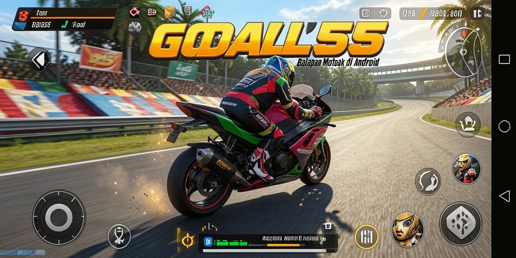 Tampilan gameplay balapan motor yang mendebarkan di GOAL55.