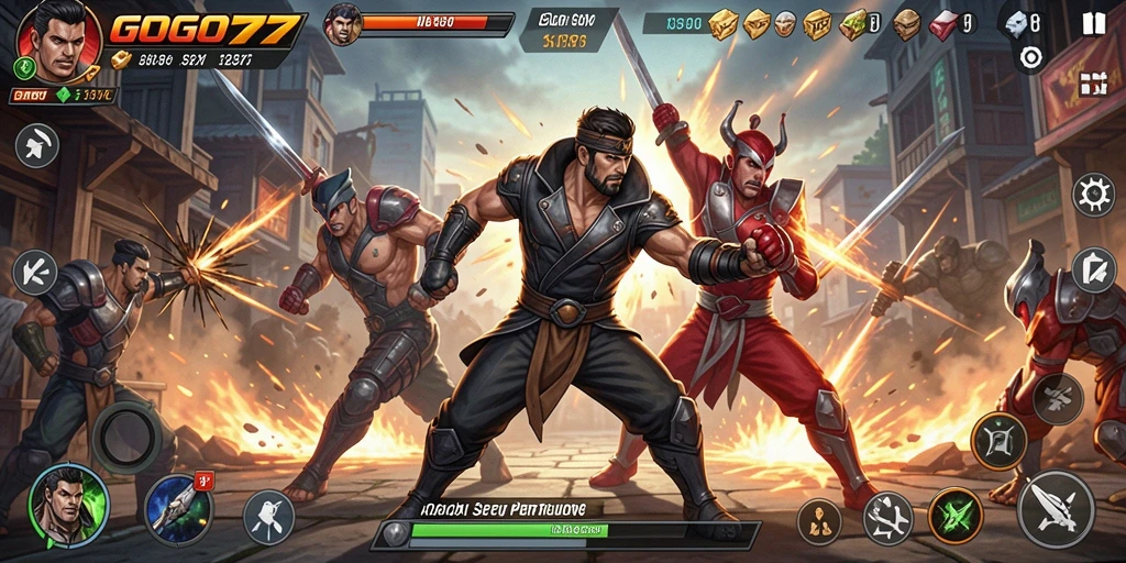 Screenshot utama GOGO77 menampilkan aksi pertarungan yang mendebarkan.
