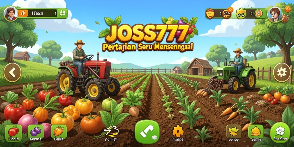 Screenshot gameplay JOSS777 menunjukkan ladang yang subur dan hewan-hewan lucu.
