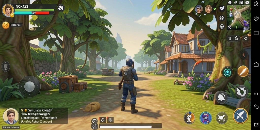 Tangkapan layar gameplay <strong>NOX123</strong> menunjukkan dunia simulasi yang kaya dan interaktif.