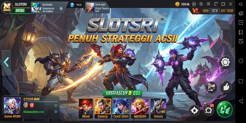 Screenshot SLOTSRI menampilkan aksi pertempuran intens di arena MOBA.